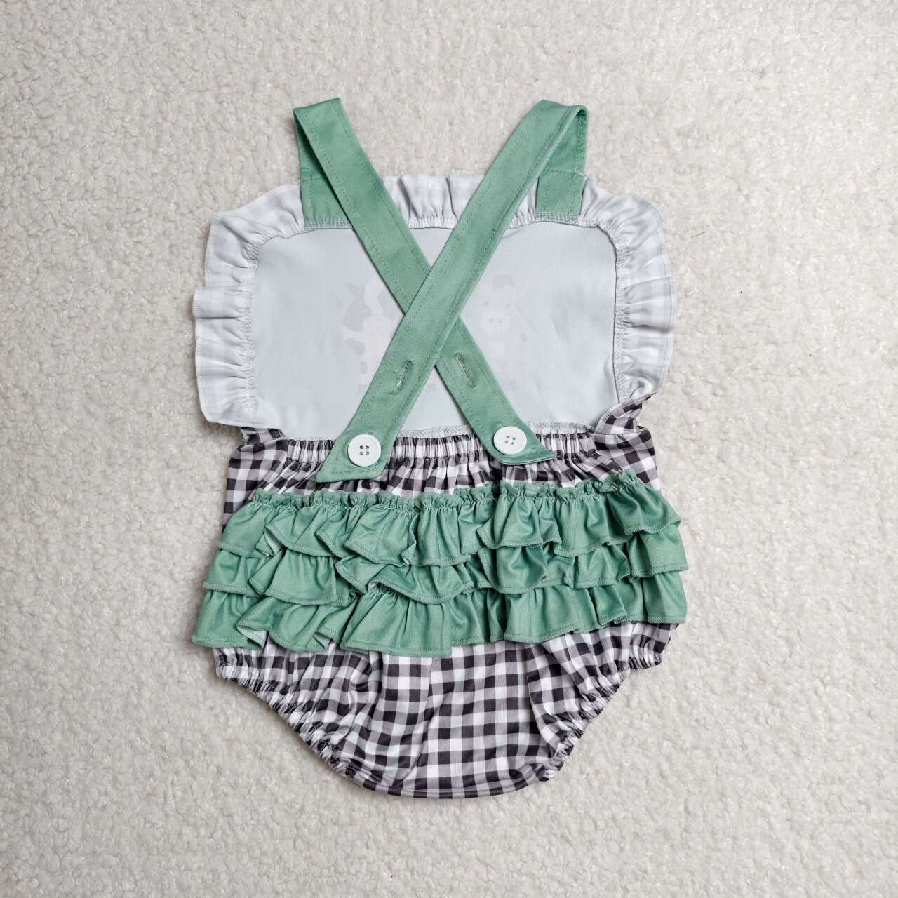 SR3866 Farm Animals Plaid Print Baby Girls Backless Strap Romper