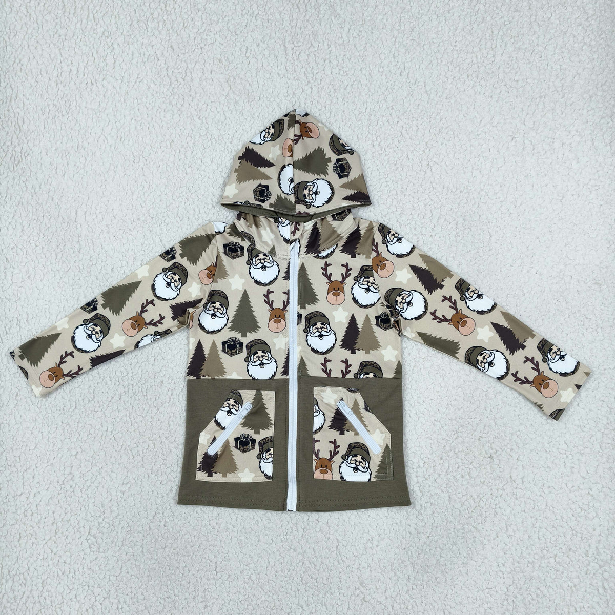 BT1328 Tree Santa Deer Print Boys Christmas Zipper Pockets Jackets Hoodie Top