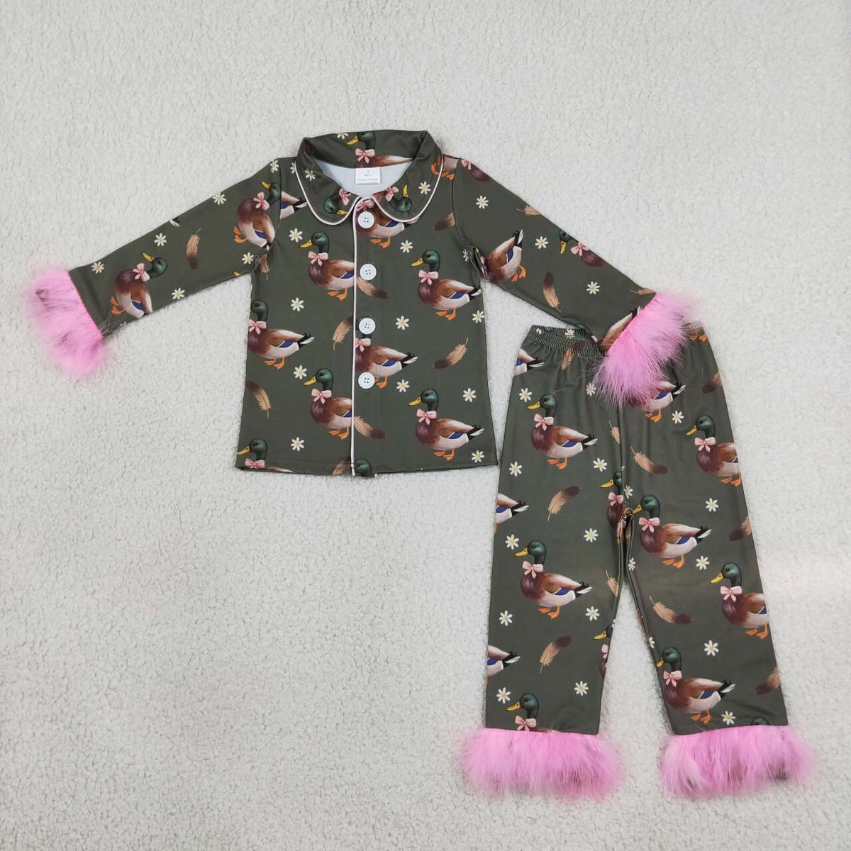 GLP3629 Mallard Duck Print Girls Fur Buttons Pajamas Clothes Set