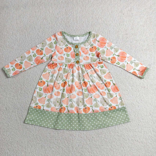 GLD1626 Pumpkin Baby Girls Fall Long Sleeve Knee Length Dress