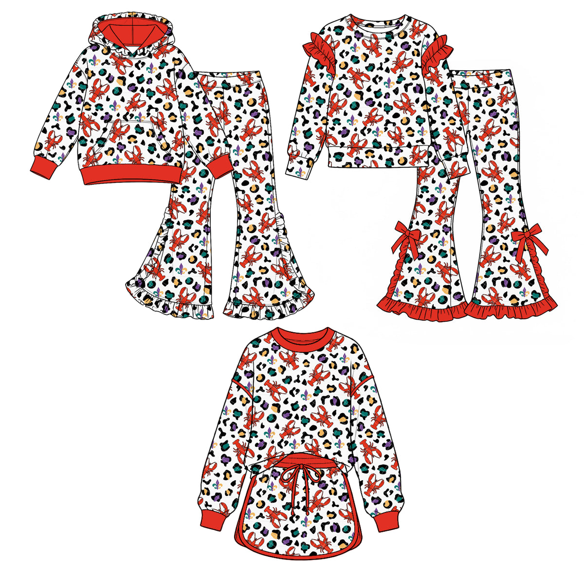(Custom Design Preorder MOQ 5 Each) Crayfish Colorful Leopard Print Girls Mardi Gras Clothes Set Sisters Wear
