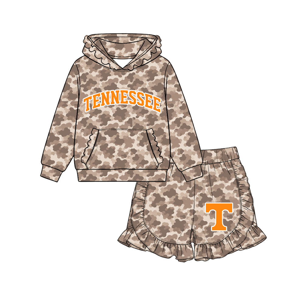(Custom Design Preorder MOQ 5 Each)Teams Logo Brown Camo Hoodie Top Ruffle Shorts Girls Clothes Set Sisters Wear