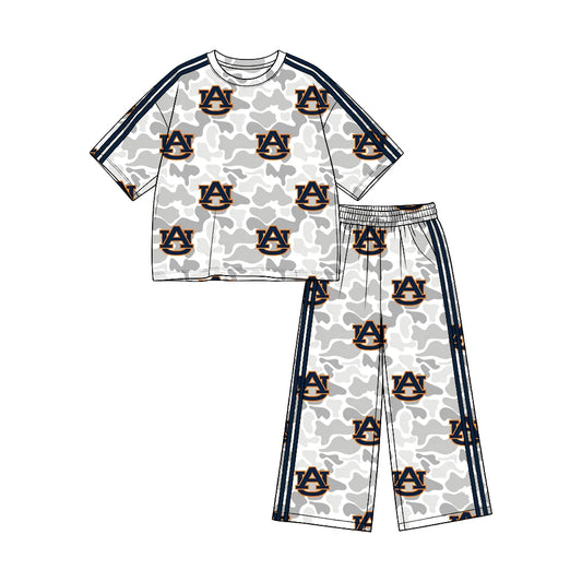 (Custom Design Preorder MOQ 5) Teams Auburn Grey Camo Print Straight Pants Girls Clothes Set