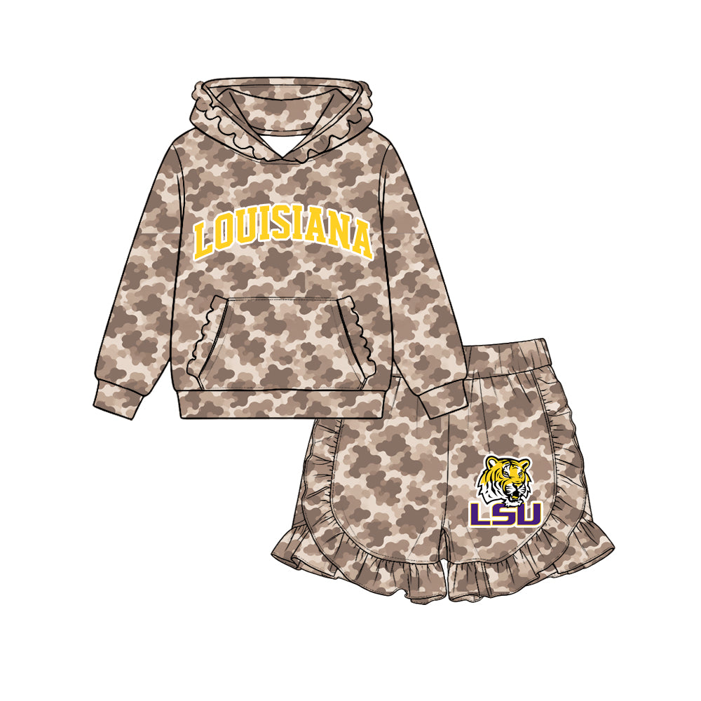 (Custom Design Preorder MOQ 5 Each)Teams Logo Brown Camo Hoodie Top Ruffle Shorts Girls Clothes Set Sisters Wear
