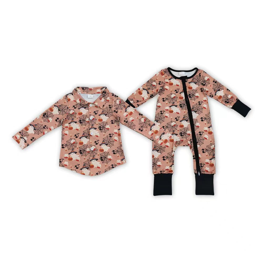 Sibling Baby Boys Ghost Pumpkin Long Sleeve Shirt Top Zipper Romper