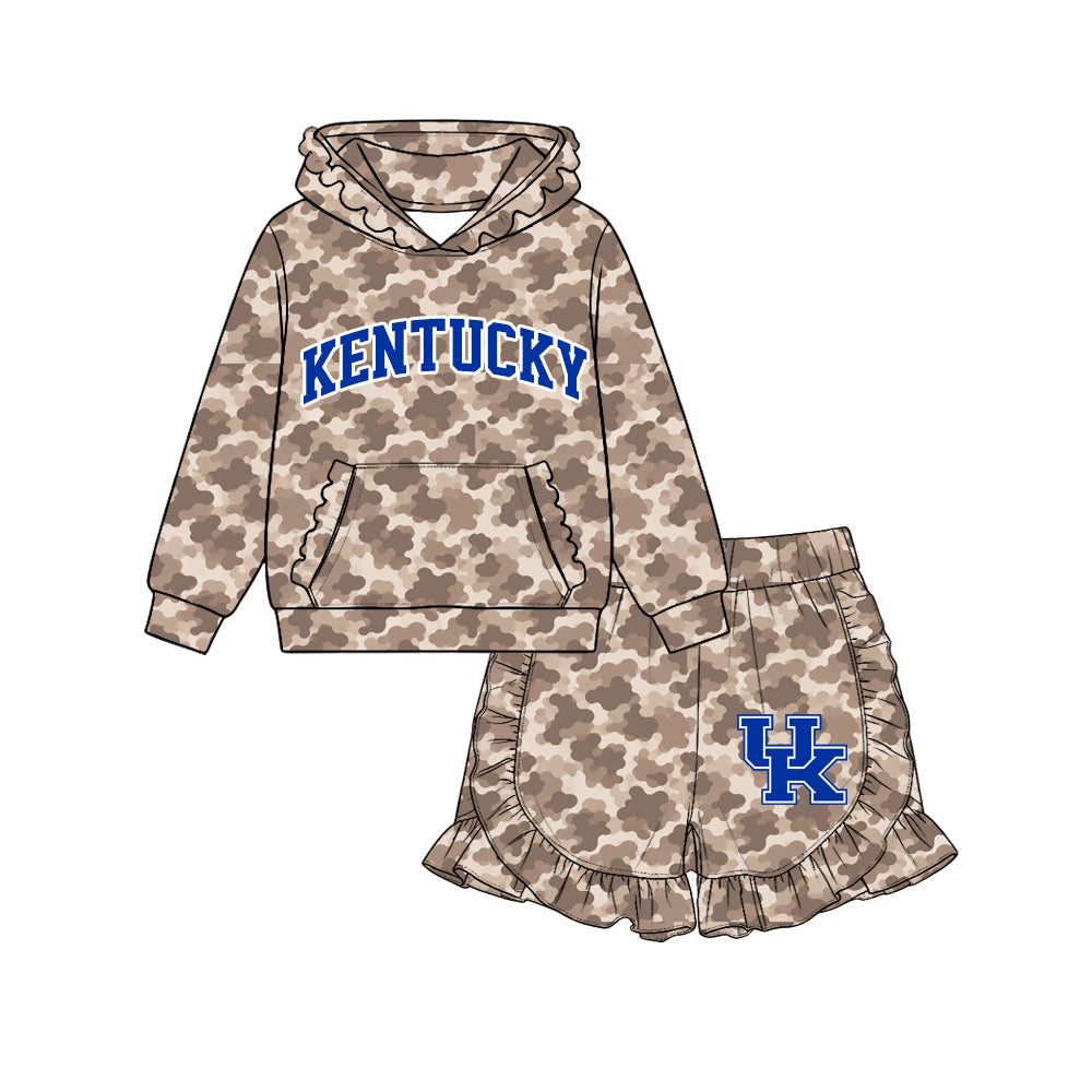(Custom Design Preorder MOQ 5 Each)Teams Logo Brown Camo Hoodie Top Ruffle Shorts Girls Clothes Set Sisters Wear