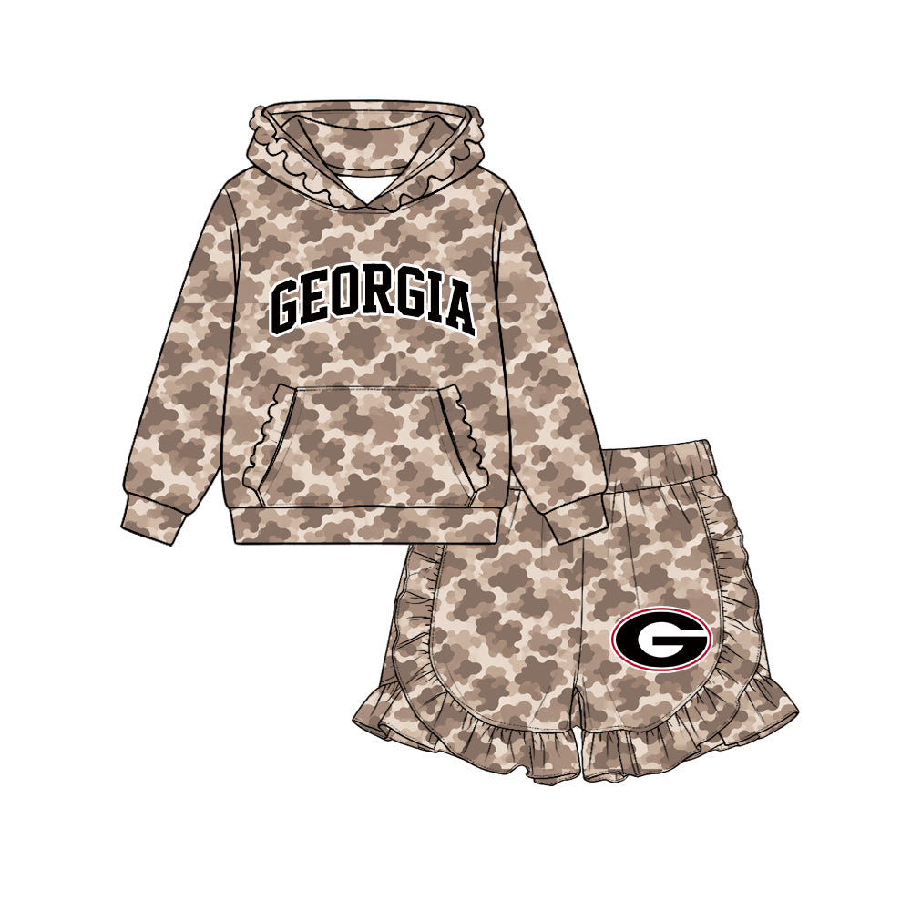 (Custom Design Preorder MOQ 5 Each)Teams Logo Brown Camo Hoodie Top Ruffle Shorts Girls Clothes Set Sisters Wear