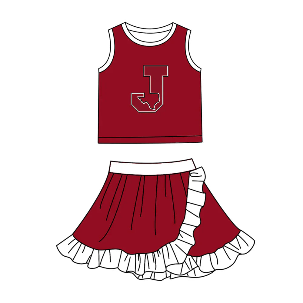 (Custom  Preorder MOQ 5) Baby Girls Red J Vest Top Ruffle Skirt Short Team Clothes Sets