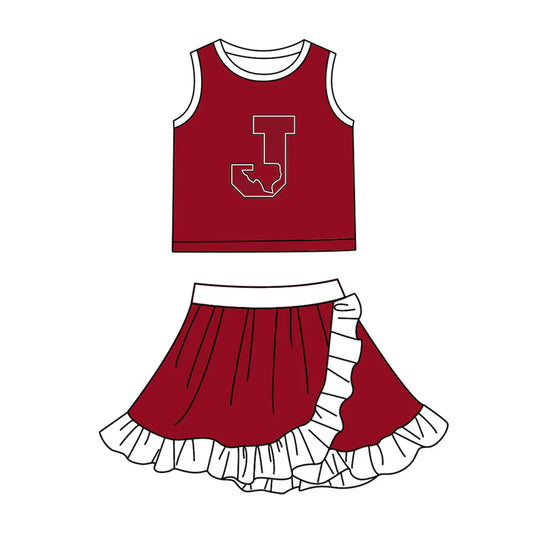(Custom  Preorder MOQ 5) Baby Girls Red J Vest Top Ruffle Skirt Short Team Clothes Sets
