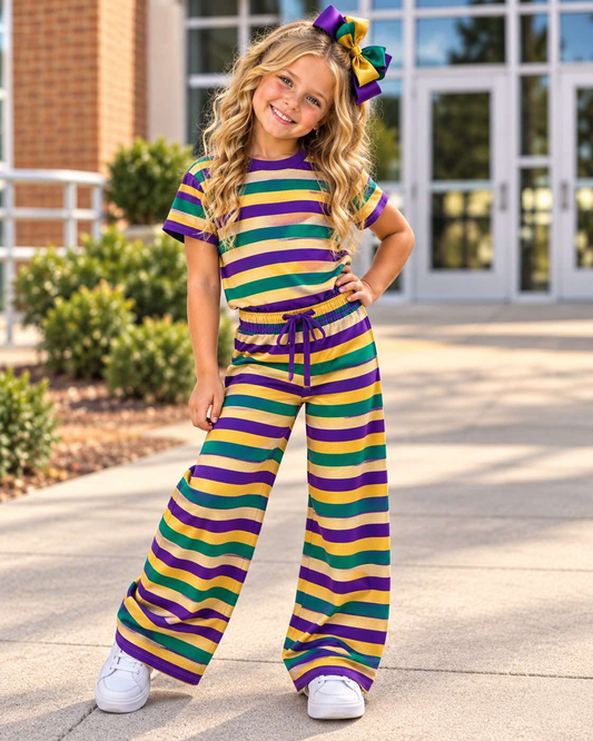 10.5 Preorder GSPO2405 Purple Yellow Green Stripes Print Girls Mardi Gras Clothes Set
