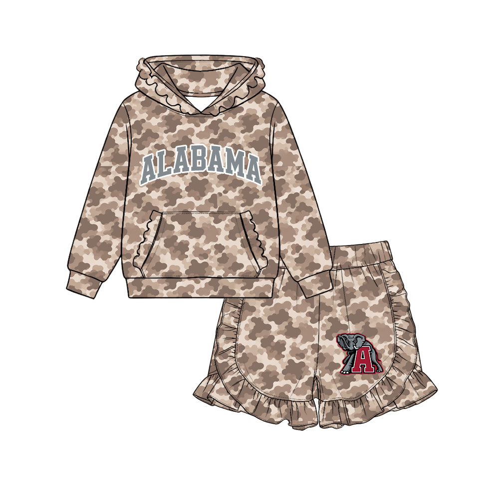 (Custom Design Preorder MOQ 5 Each)Teams Logo Brown Camo Hoodie Top Ruffle Shorts Girls Clothes Set Sisters Wear