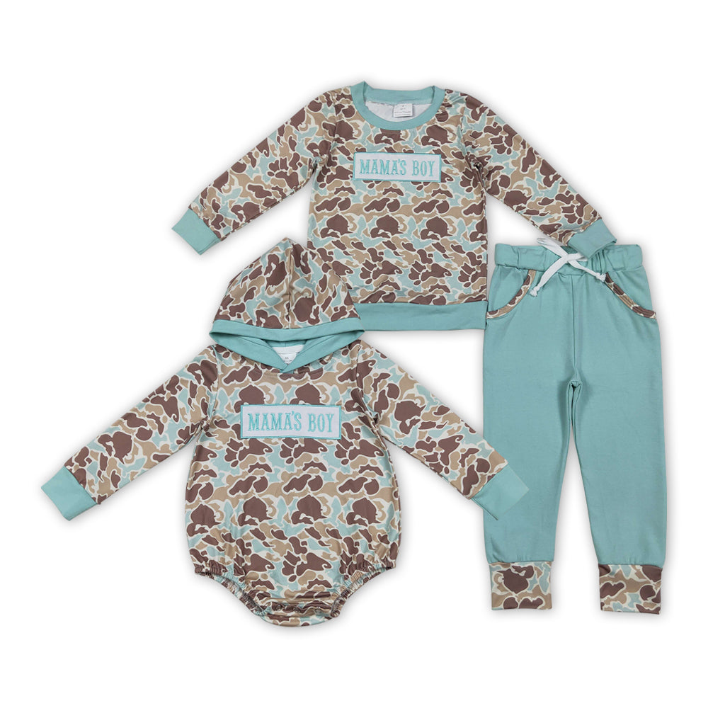 Sibling Baby Boys Embroidery Mama's Boy Blue Camo Pockets Pant Clothes Sets Hoodie Romper