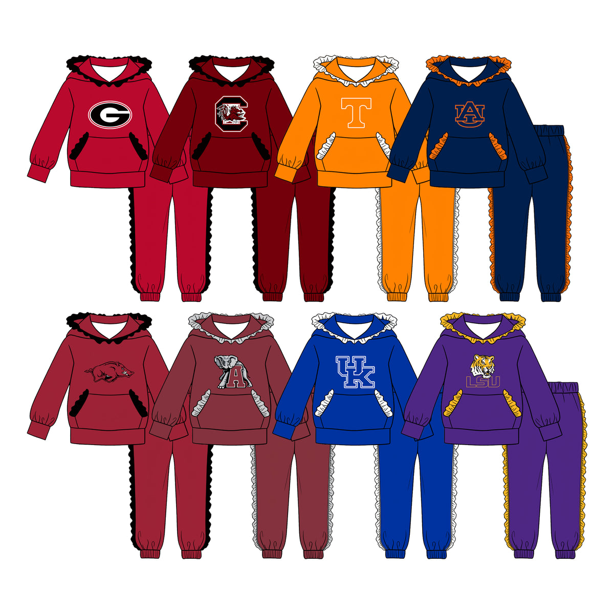 (Custom Design Preorder MOQ 5 Each)Teams Logo Print Long Sleeve Hoodie Top Pants Girls Ruffles Clothes Set Sisters Wear