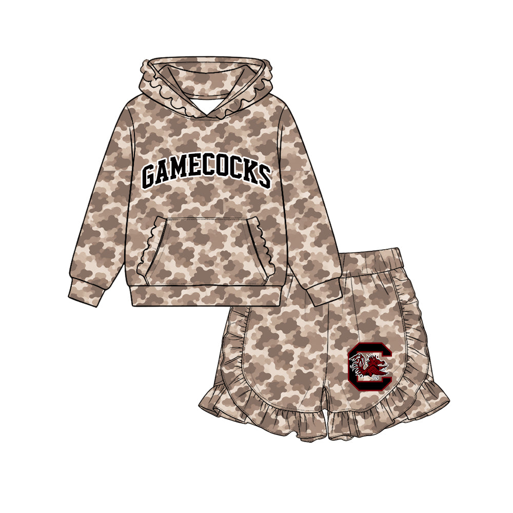 (Custom Design Preorder MOQ 5 Each)Teams Logo Brown Camo Hoodie Top Ruffle Shorts Girls Clothes Set Sisters Wear