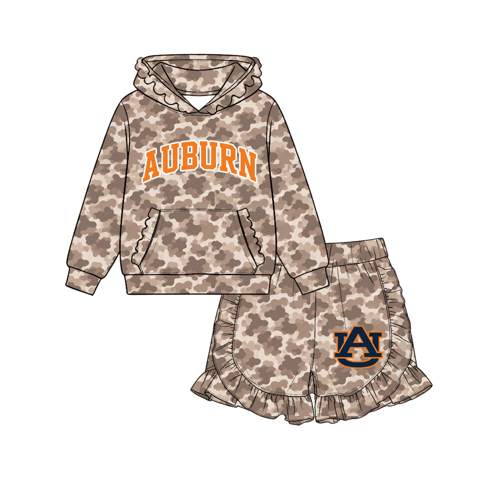 (Custom Design Preorder MOQ 5 Each)Teams Logo Brown Camo Hoodie Top Ruffle Shorts Girls Clothes Set Sisters Wear