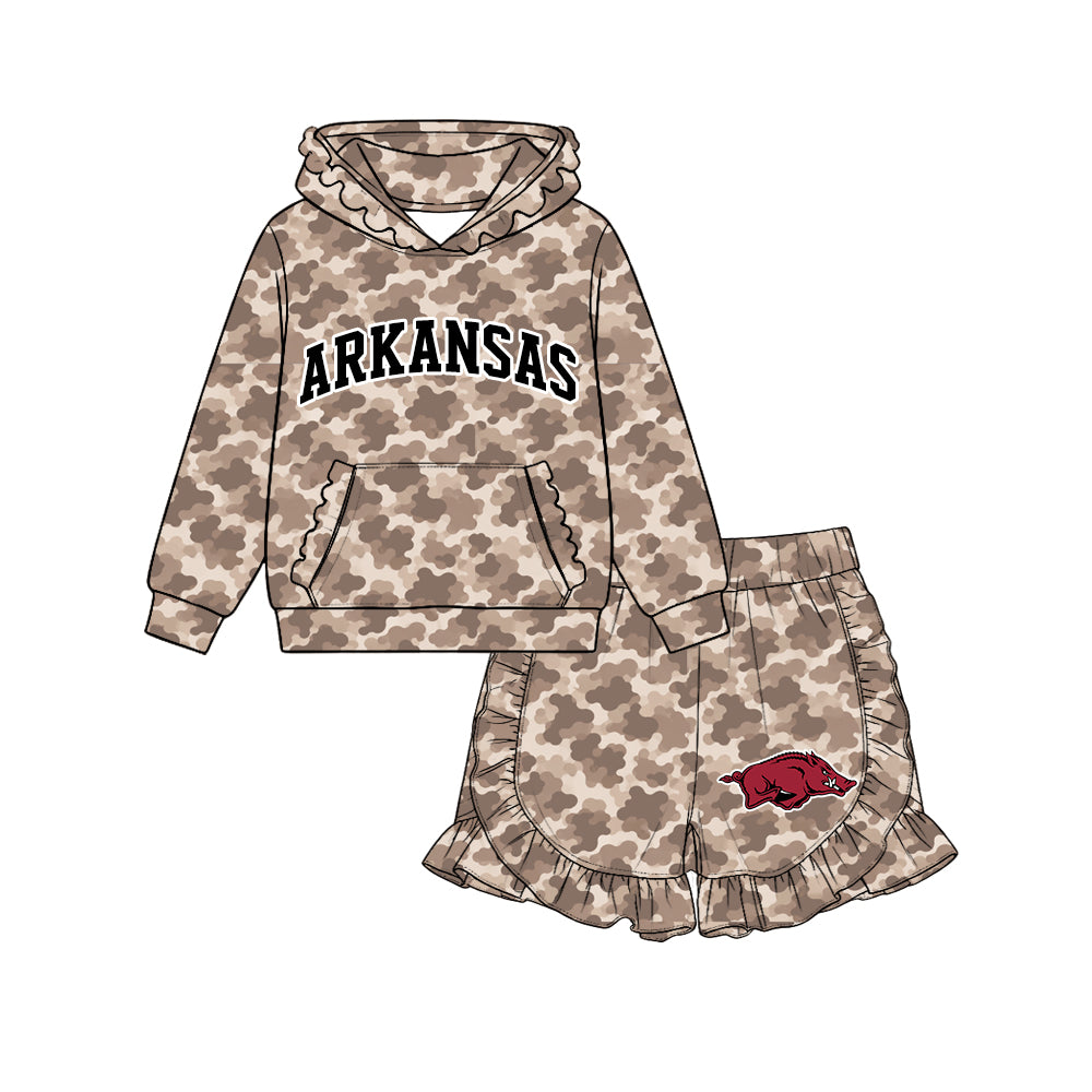 (Custom Design Preorder MOQ 5 Each)Teams Logo Brown Camo Hoodie Top Ruffle Shorts Girls Clothes Set Sisters Wear
