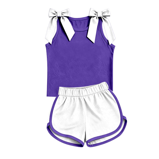 (Custom Design Preorder MOQ 5) Teams White Bows Purple Vest Top White Shorts Mommy and Me Summer Cotton Clothes Set
