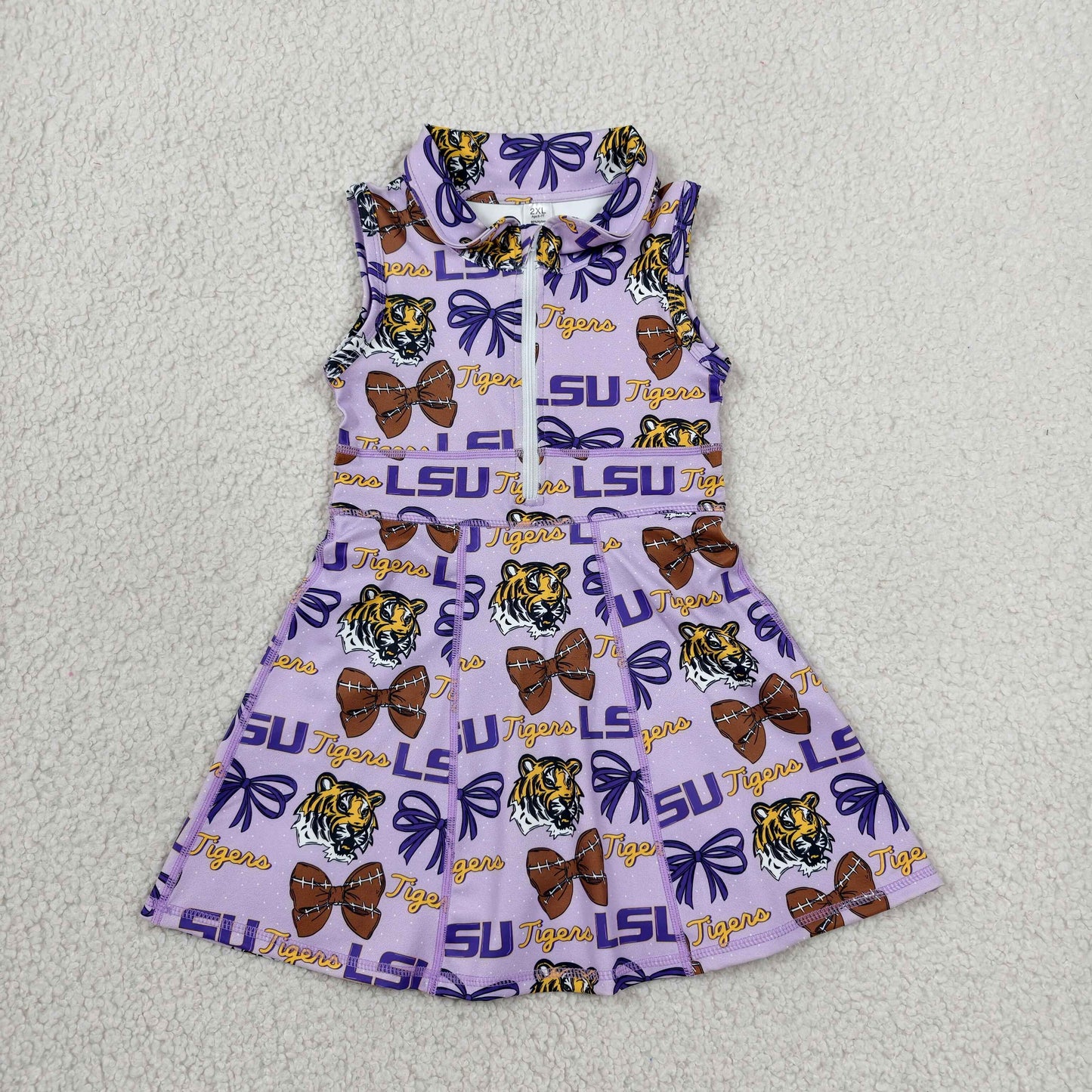 GSD3604 Baby Girls LSU Tiger Footballs Team Yoga Active Shorts Knee Length Zipper Dresses