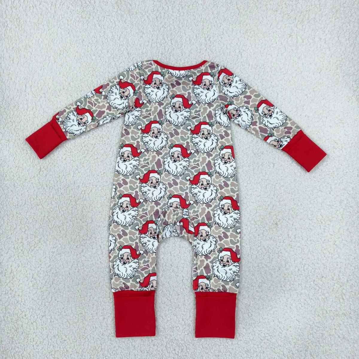 LR3345 Santa Camo Print Baby Boys Christmas Zipper Sleeper Romper