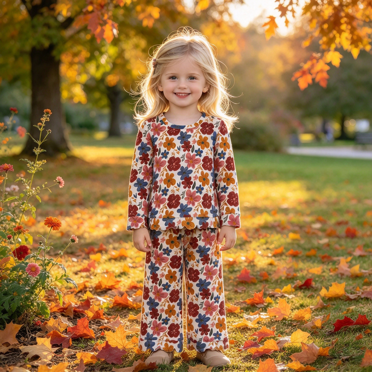 GLP3690 Colorful Flowers Print Girls Fall Scallop Edge Clothes Set