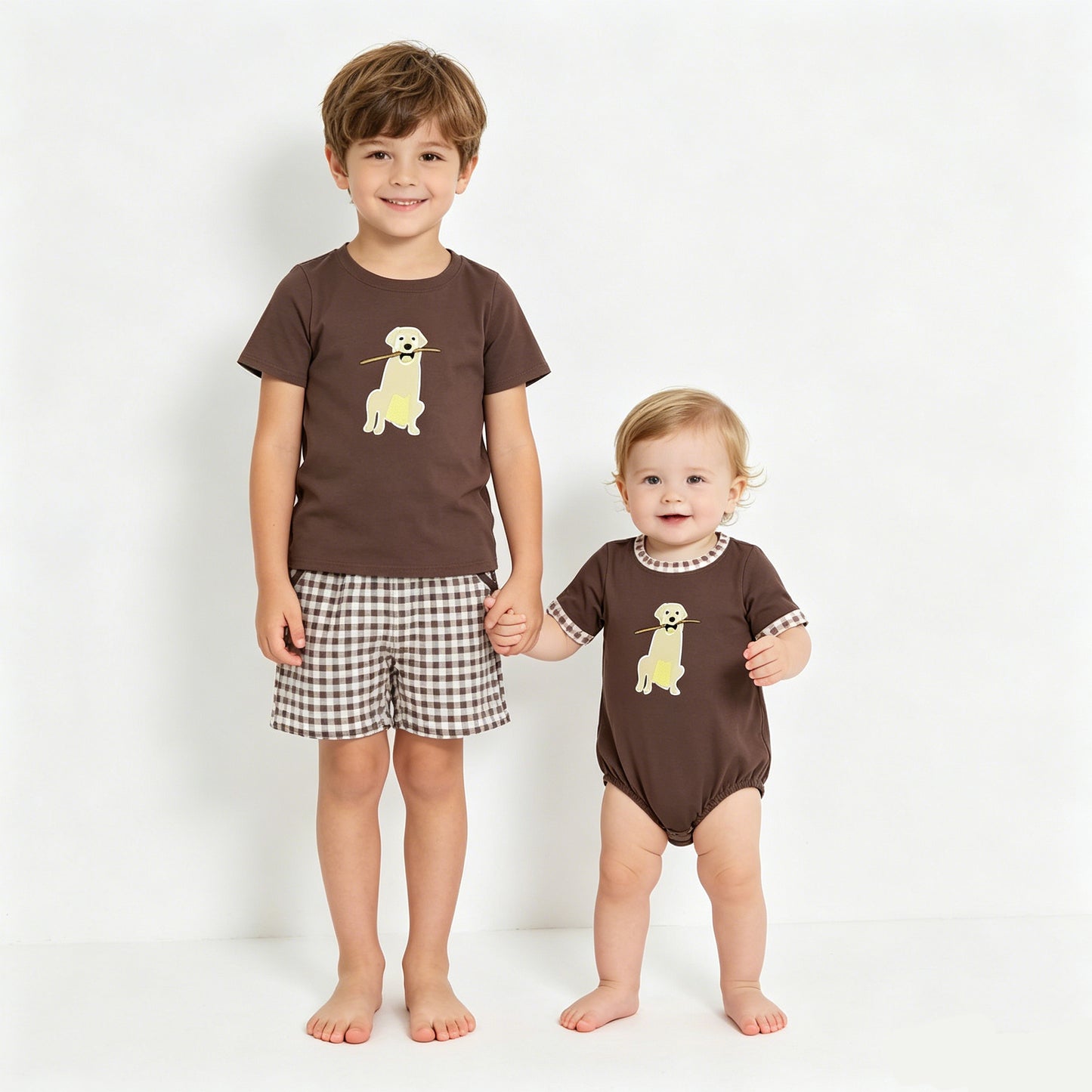 Kids Puppy Embroidery Sibling Set - Brown & White Gingham Baby & Toddler Outfit