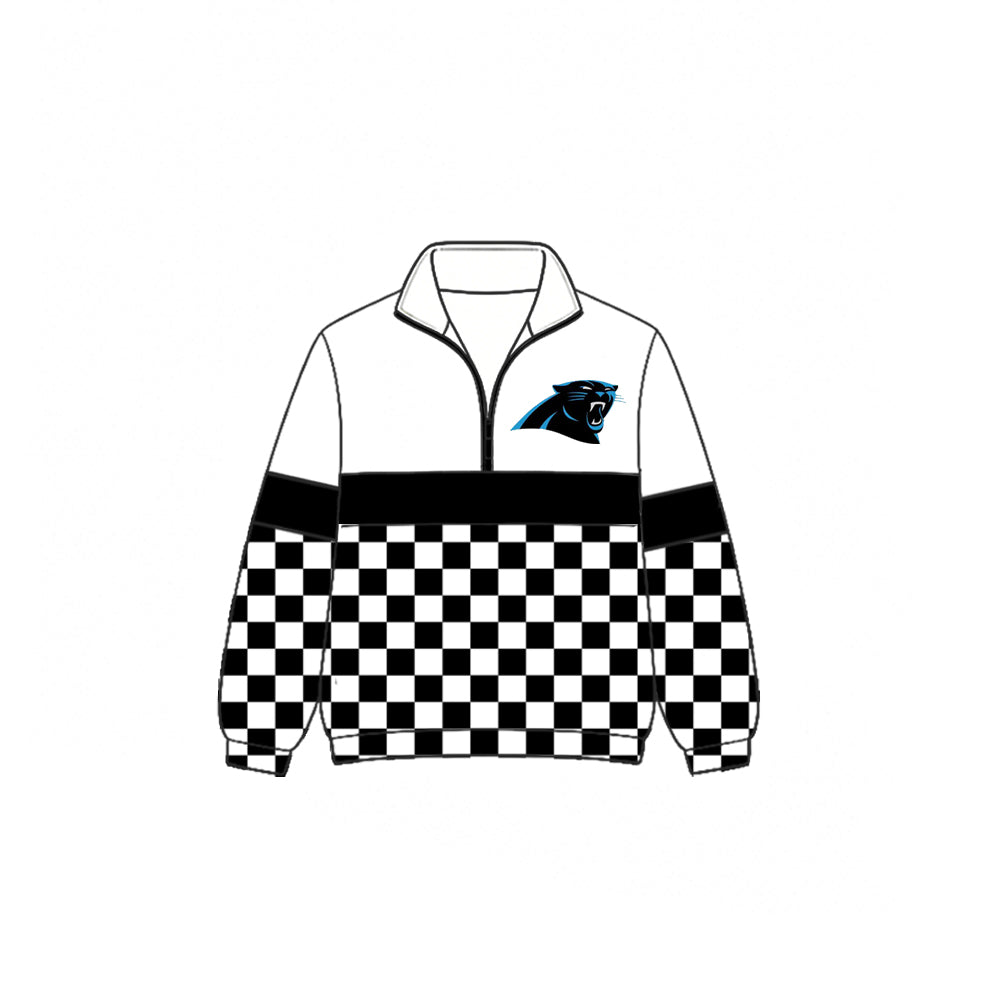 (Custom Design Preorder MOQ 5)  Teams Panthers Plaid Print Kids & Adult Long Sleeve Zipper Pullover Jacket