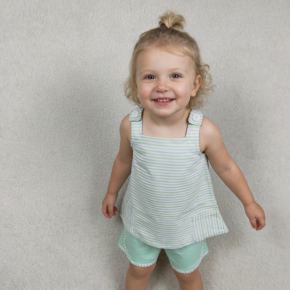 GSSO3110 Stripes Pockets Strap Top Green Shorts Girls Summer Clothes Set