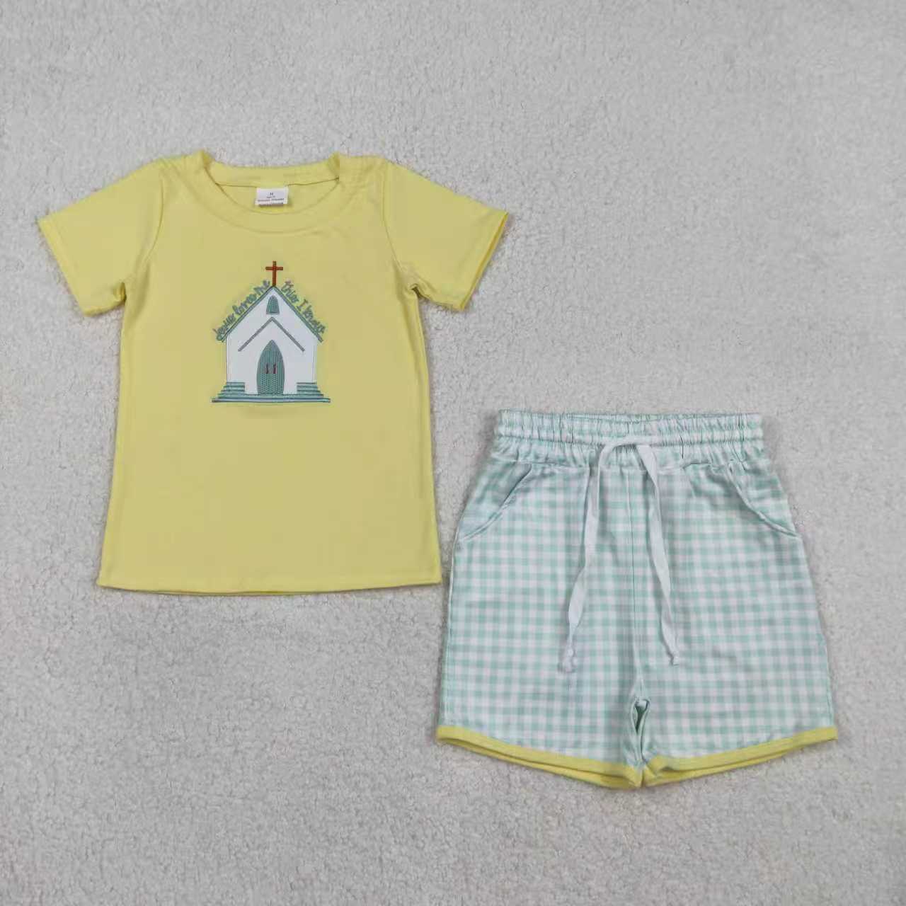 Sibling Baby Kids Embroidery Church Cross Top Checked Shorts Clothes Set Rompers