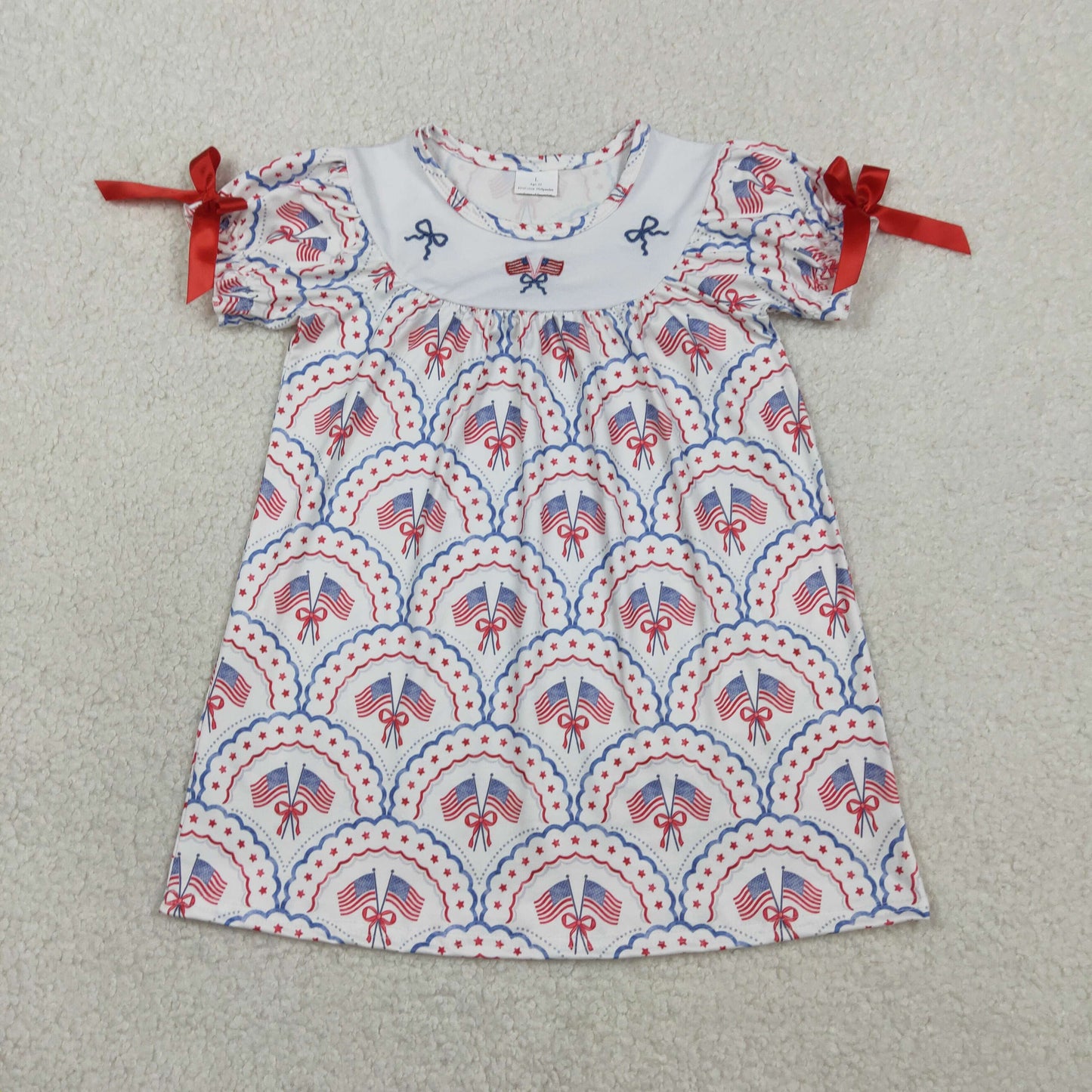 Sibling Baby Girls Embroidery Bow Flags Checked 4th of July Knee Length Dress Rompers