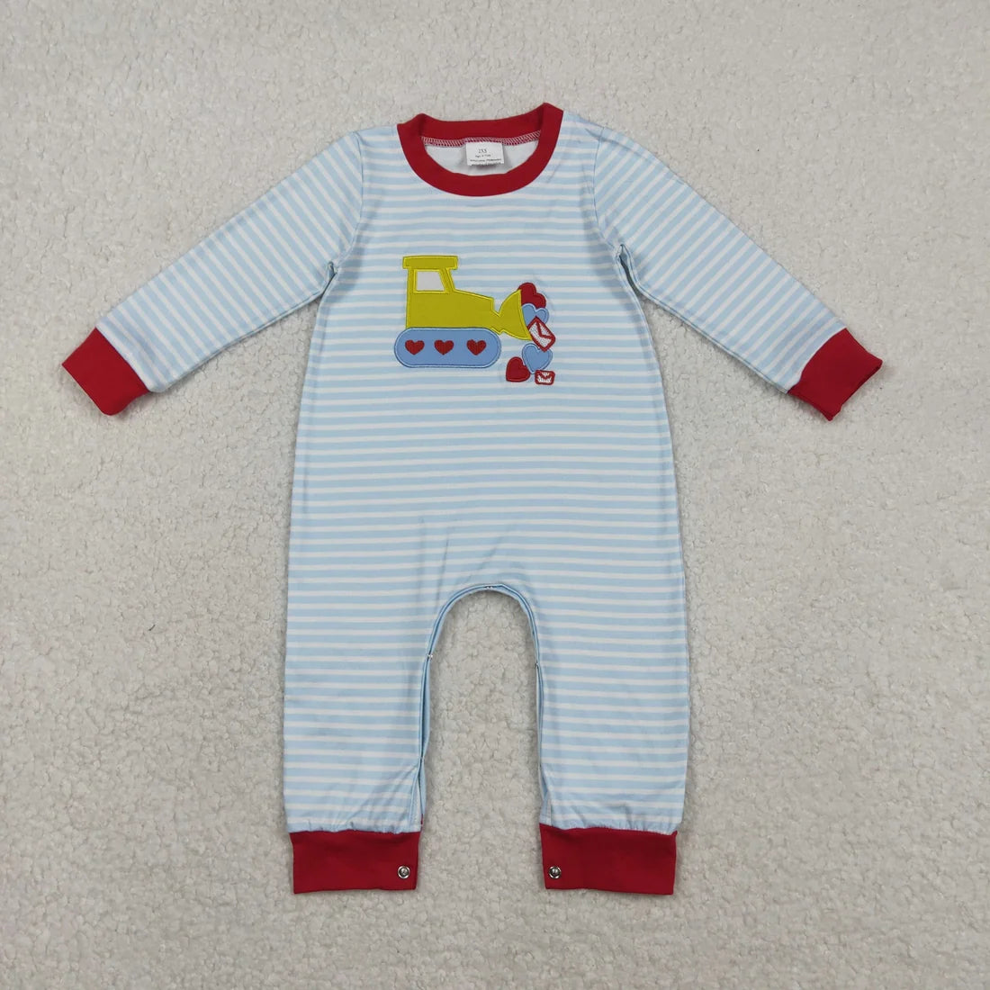 Sibling Baby Boys Embroidery Heart Excavators Blue Striped Valentines Outfit Romper