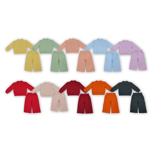 10 Colors Cotton Mock Neck Long Sleeve Top Straight Pockets Pants Girls Fall Clothes Set Sisters Wear