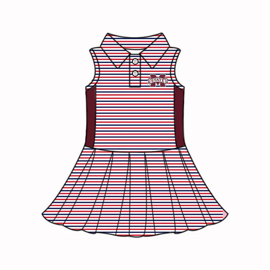 (Custom Design Preorder MOQ 5) Baby Girls Red Stripe M State Button Team Knee Length Dress