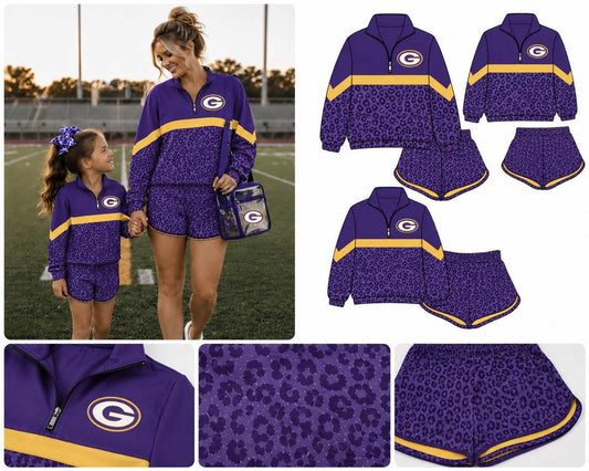 (Custom Design Preorder MOQ 5) Teams Gurdon Purple Leopard Long Sleeve Zipper Top Shorts Mommy and Me Outfits