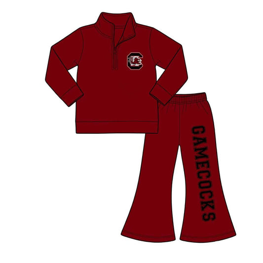 (Custom Design Preorder MOQ 5) Teams Gamecock Wine Zipper Pullover Top Bell Pants Girls Fall Clothes Set