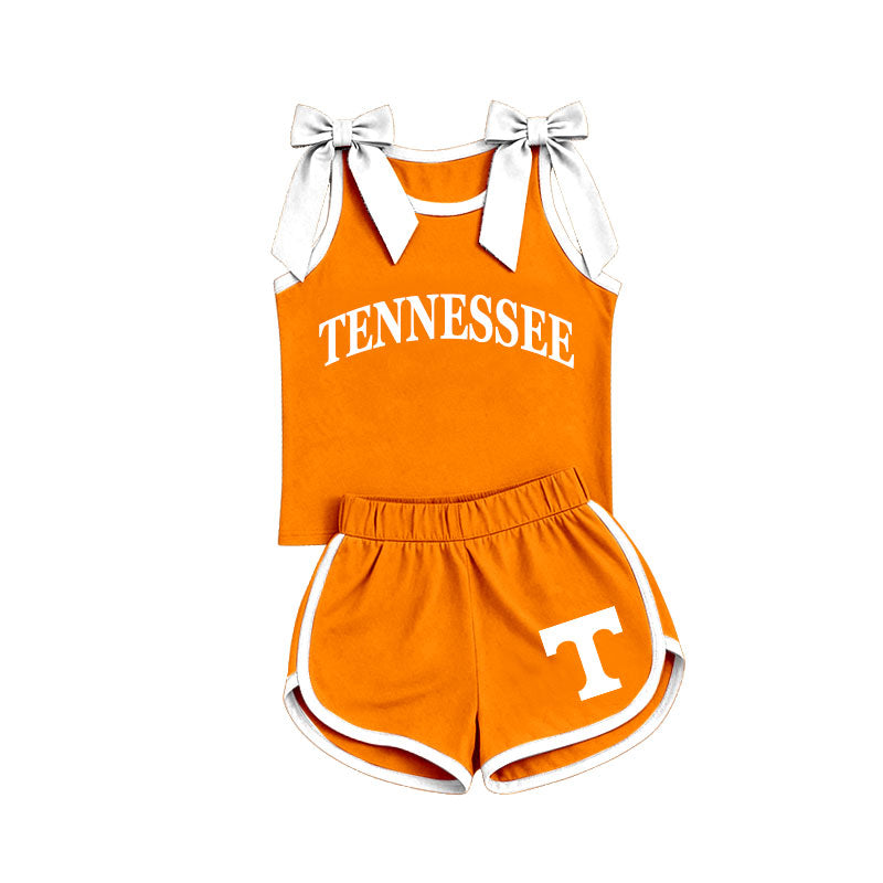 7.4  Preorder Girls Tennessee White Bow Orange Strap Tank &  Shorts 2 Piece Outfit