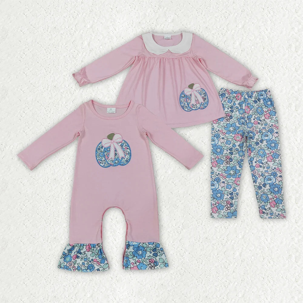 Sibling Baby Girls  Embroidery  Floral Pumpkin Tunic Top Outfit and Romper