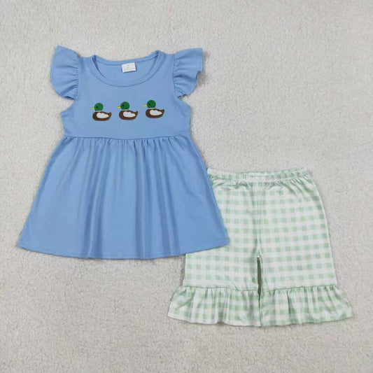 Sibling Baby Girls Flutter Sleeve Embroidery Ducks Hunting Checked Shorts Clothes Set Ruffle Rompers
