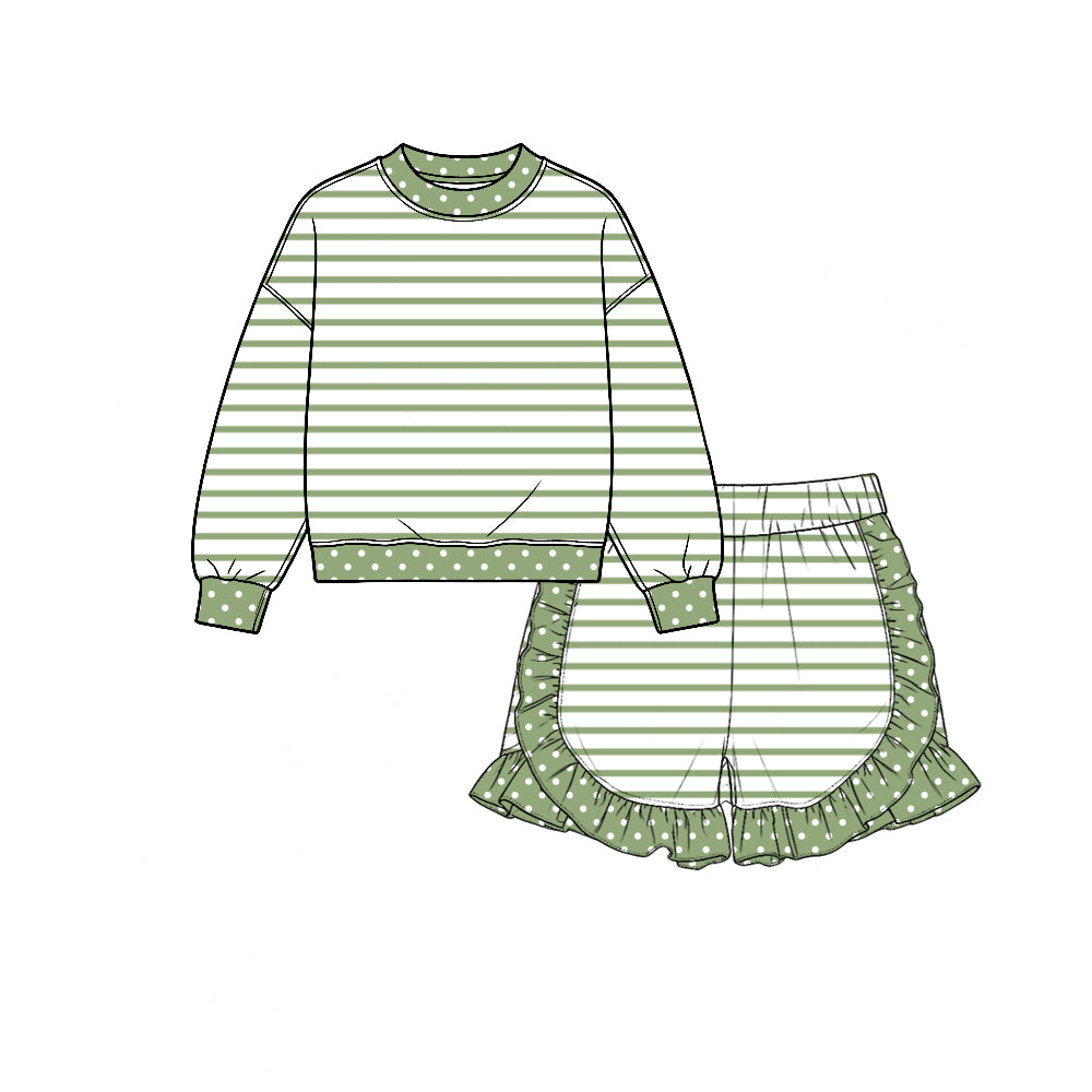 (Custom Design Preorder MOQ 5 Each) Stripes Long Sleeve Top Ruffle Shorts Girls Clothes Set Sisters Wear