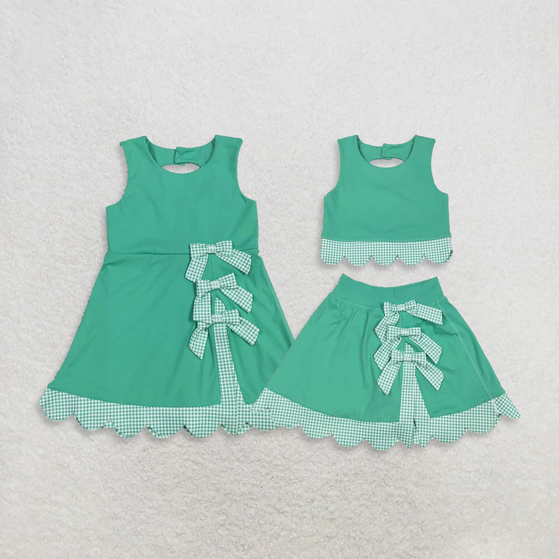 Sibling Baby Girls Green Checked Scallop Yoga Active Skirt Short Dress Clothes Sets