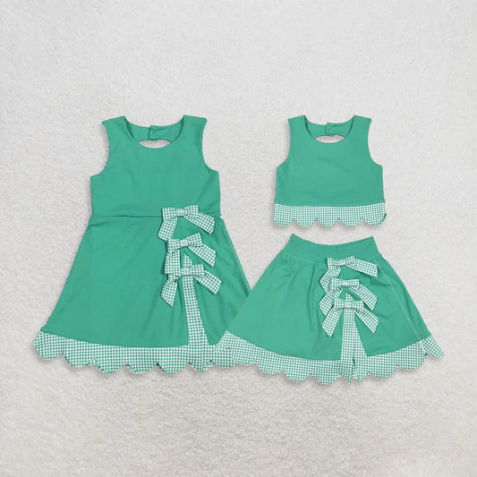 Sibling Baby Girls Green Checked Scallop Yoga Active Skirt Short Dress Clothes Sets
