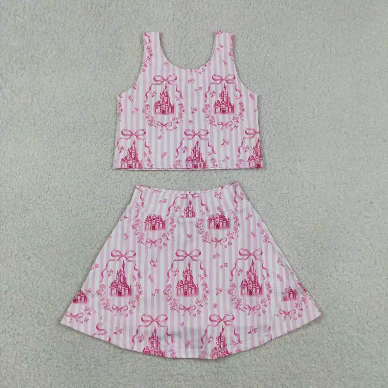 Toddler Girls Sibling Pink Castle Sleeveless Crop Top & Skort Set Summer Activewear