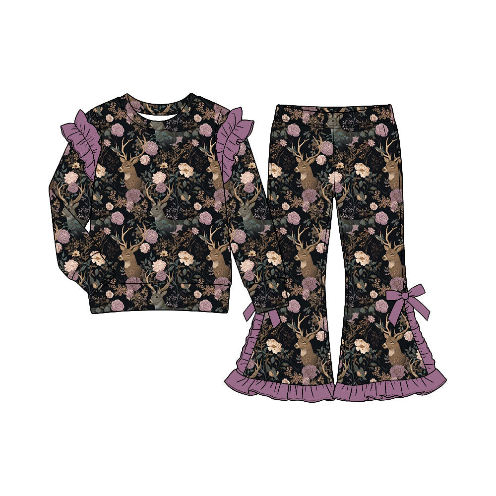 (Custom Design Preorder MOQ 5) Deer Flowers Print Girls Fall Ruffles Clothes Set