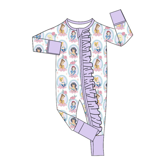 (Custom Design Preorder MOQ 5 ) Cartoon Princess Flowers Bows Print Baby Girls Zipper Sleeper Romper