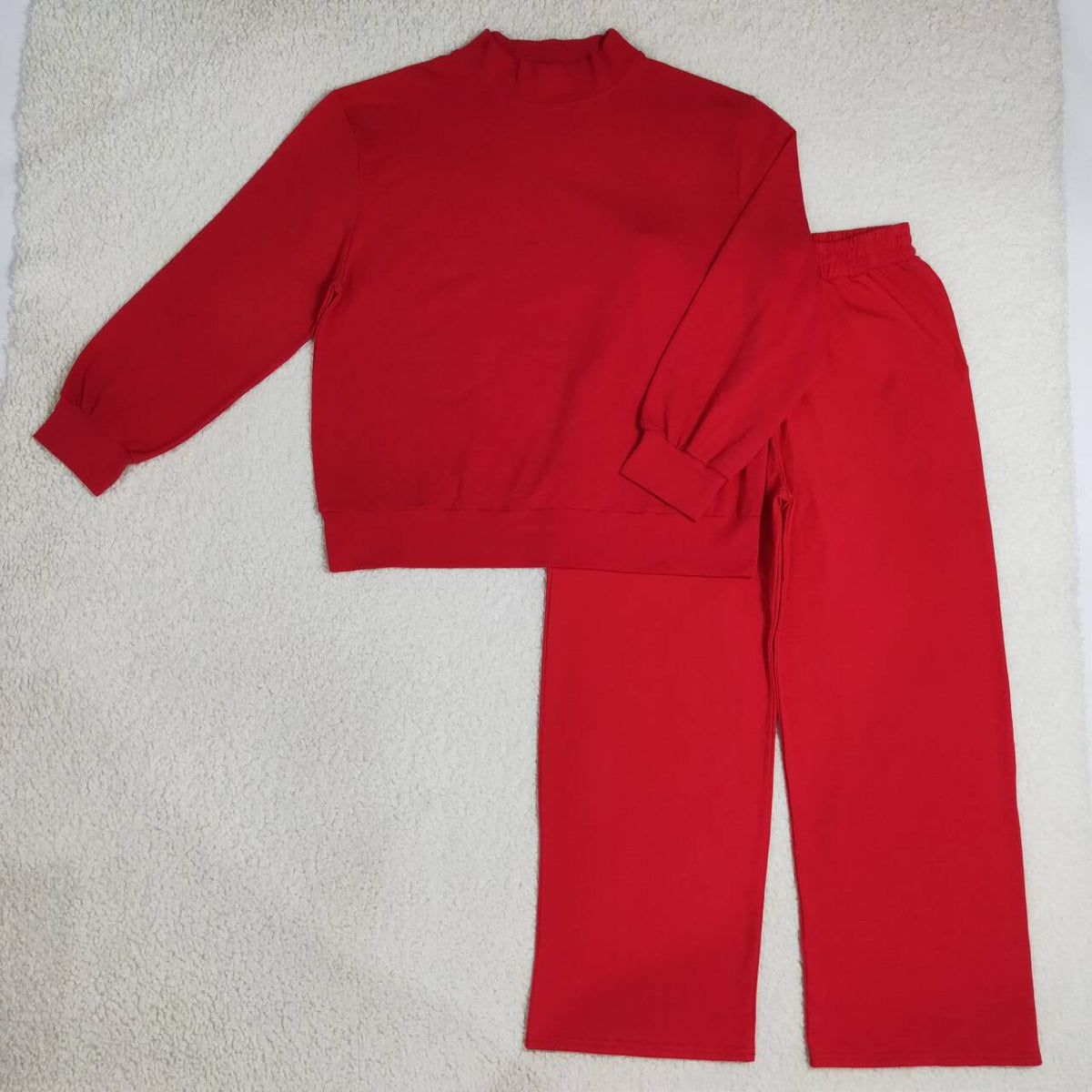 GLP3417 Adult Red Color Long Sleeve Mock Neck Top Pocket Pants Woman Cotton Clothes Set