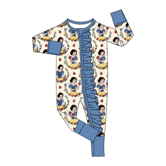 (Custom Design Preorder MOQ 5 ) Cartoon Princess Apple Print Baby Girls Zipper Sleeper Romper