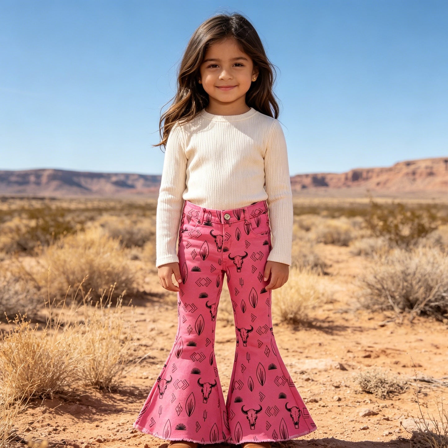 Girls Hot Pink Highland Cow Cactus Print Flare Jeans, Western Bell Bottoms for Kids