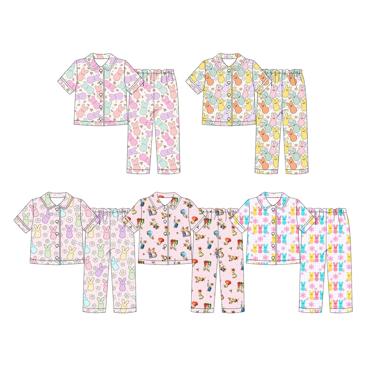 (Custom Design Preorder MOQ 5 Each)Bunny Colorful Print Girls Easter Buttons Pajamas Clothes Set Sisters Wear