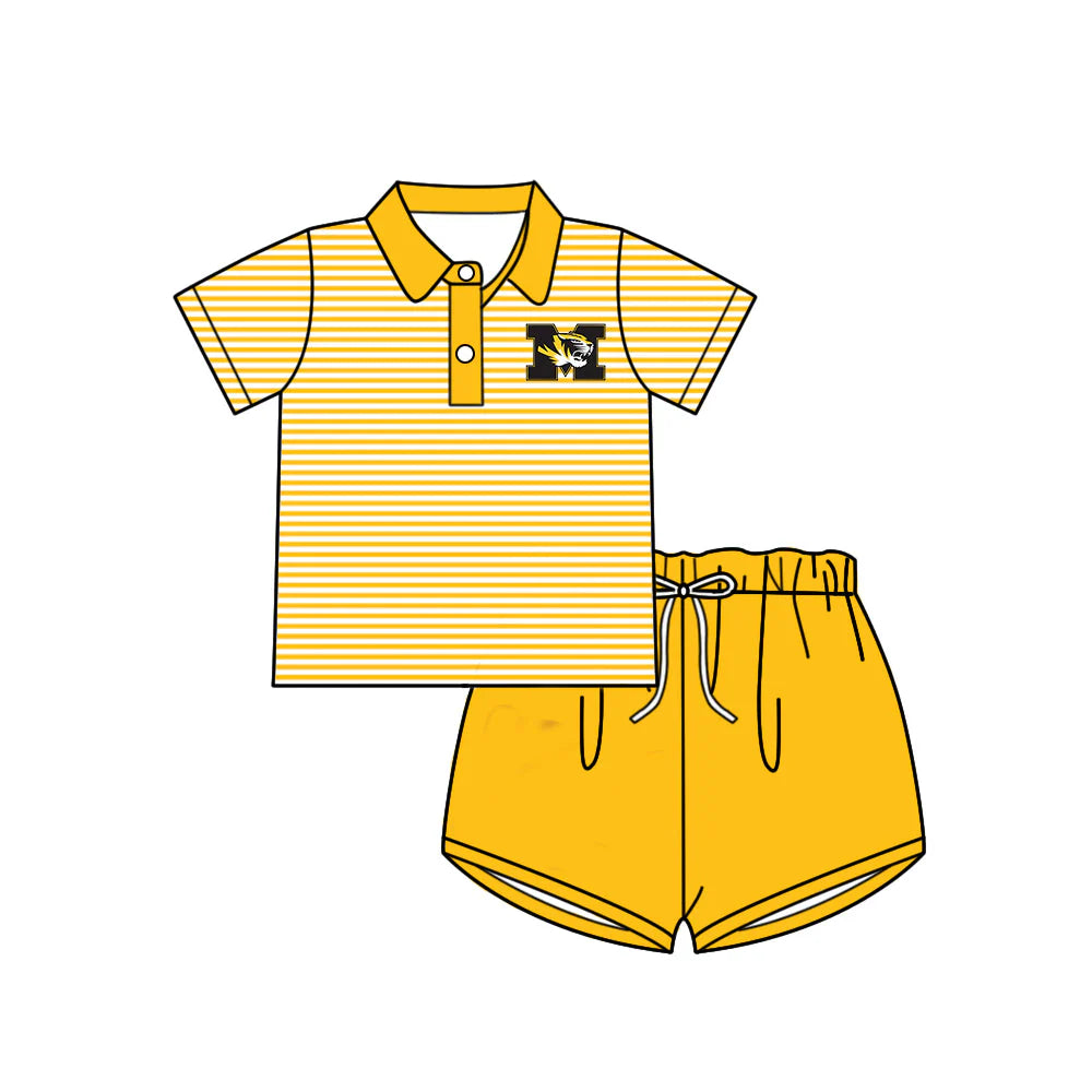 (Custom Design Preorder MOQ 5) Baby Girls Yellow Stripe M Tigers Button Polo Top Shorts Team Clothes Sets