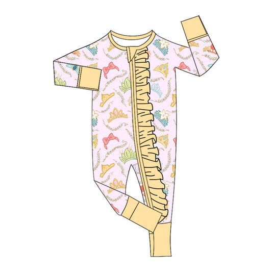 (Custom Design Preorder MOQ 5 ) Cartoon Princess Crown Print Baby Girls Zipper Sleeper Romper