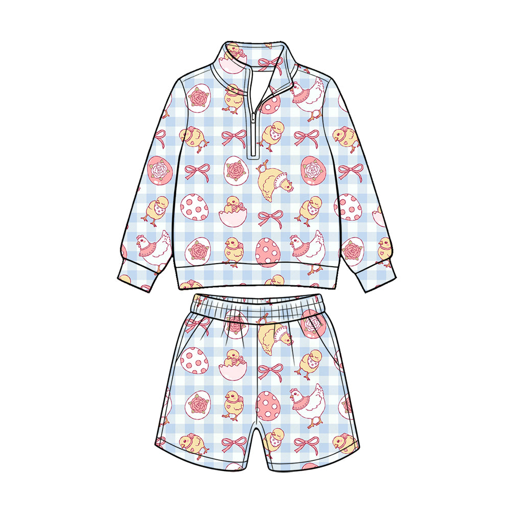 (Custom Design Preorder MOQ 5 Each) Eggs Bunny Print Long Sleeve Zipper Top Shorts Girls Easter Clothes Set Sisters Wear